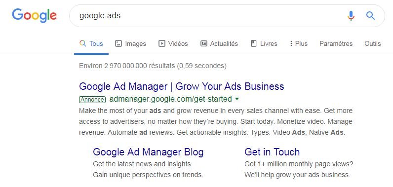 Publicité Google résultat de recherche